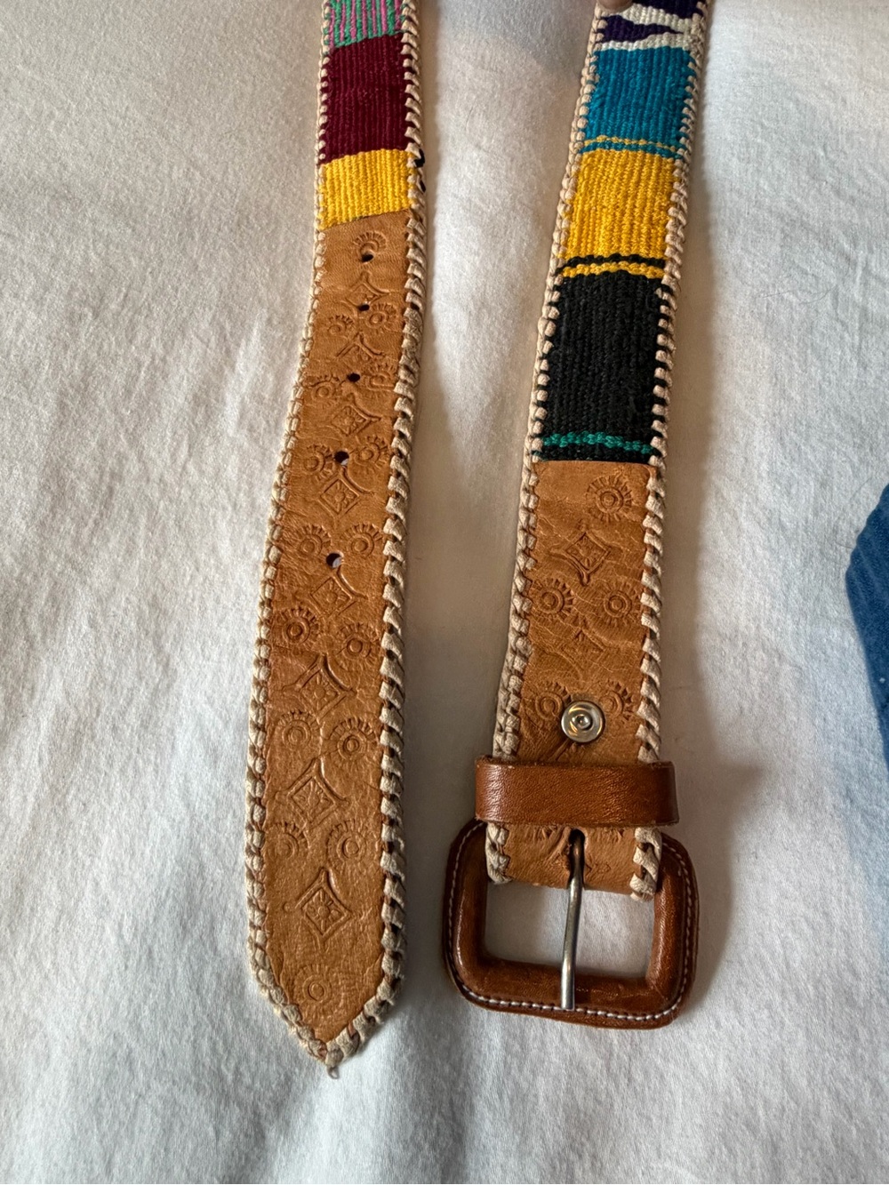 Vintage Southwest Guatemala Tooled Leather Belt Colorful Handmade Size 36 Boho - Picture 6 of 10